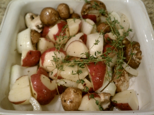 Roasted potato, crimini mushrooms, and Vidalia onion.