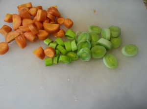 Chopped carrot and leek - both veggies from Farmer Dave.